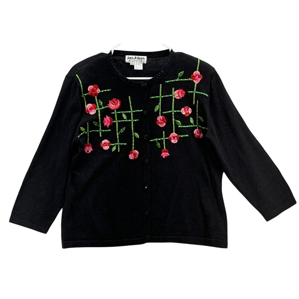 Jack B Quick Vintage Embroidered Floral Black Button Up Cardigan Sweater Women M